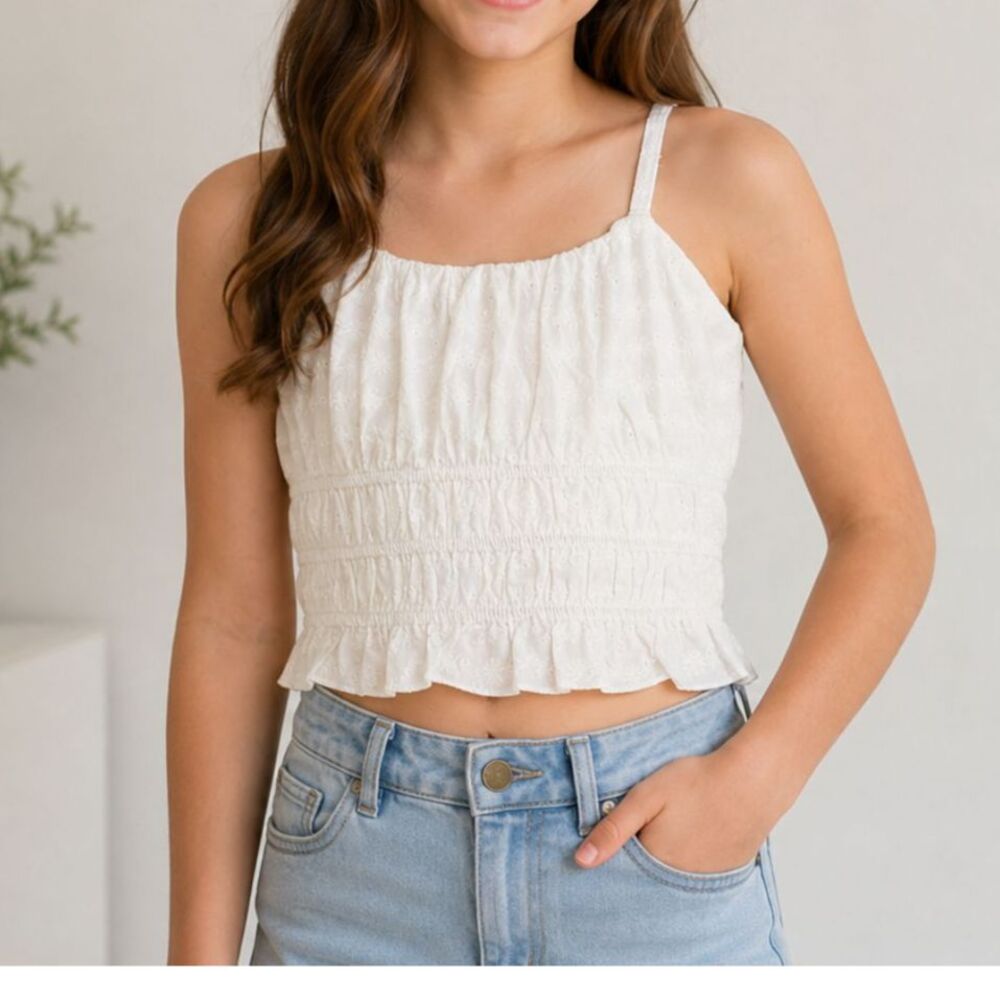 Girls White Eyelet Crop Top L 10-12 Adjustable Straps Lined Summer NWT #13